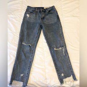 Blue lightly distressed straight jeans
